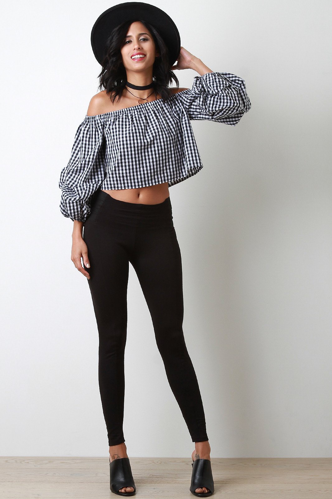 Gingham Off-The-Shoulder Balloon Statement Sleeve Top - NoveltyOne