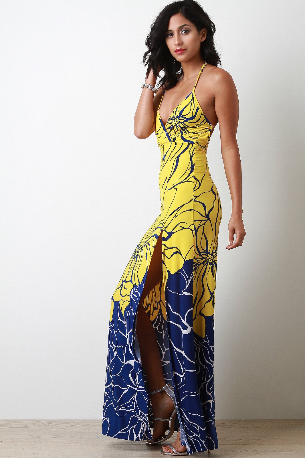 Contrast Floral Surplice Maxi Dress