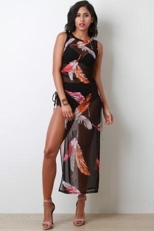 Mesh Feather Print Side Slit Cover-Up Maxi