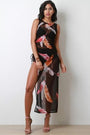Mesh Feather Print Side Slit Cover-Up Maxi