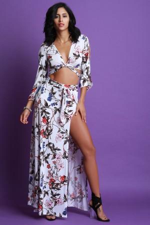 Floral Print Surplice Crop Top With Double Slit Maxi Skirt Set