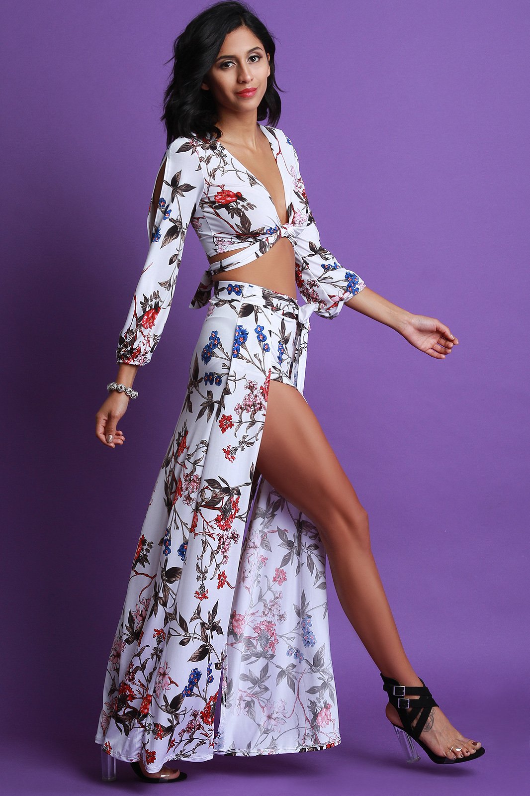 Floral Print Surplice Crop Top With Double Slit Maxi Skirt Set