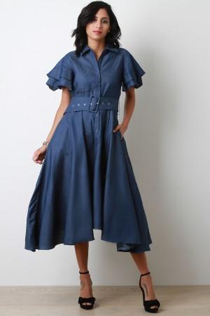 Denim Button Up Belted Handkerchief Midi Dress