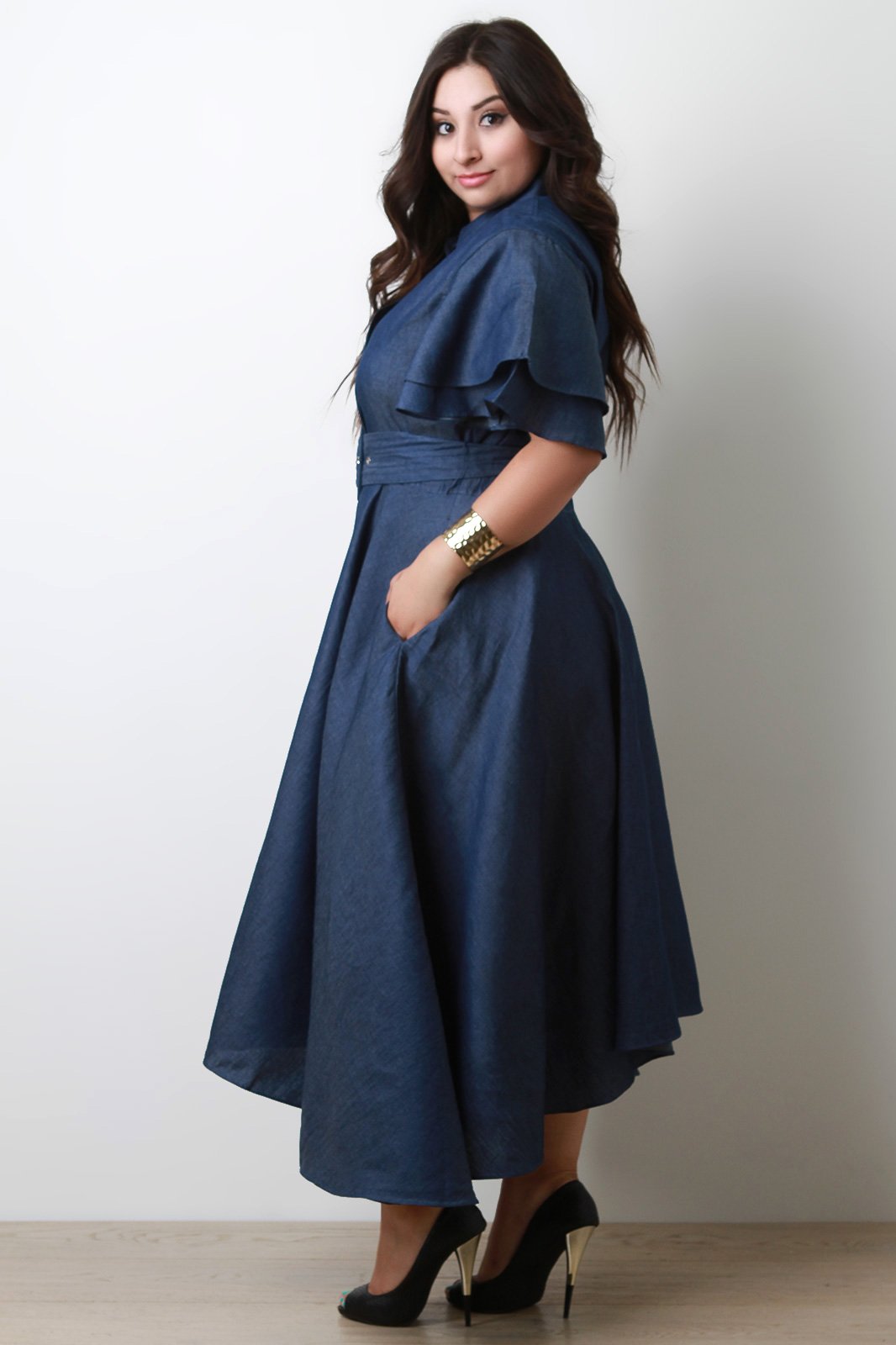 Button-Up A-Line Denim Dress
