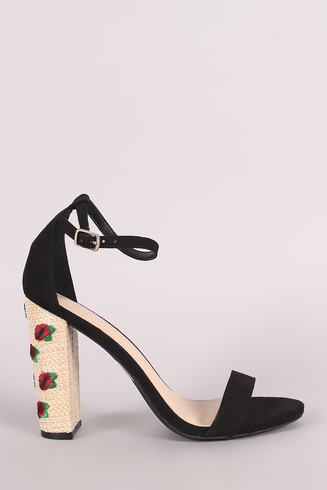 Wild Diva Lounge Open Toe Floral Embroidery Straw Chunky Heel
