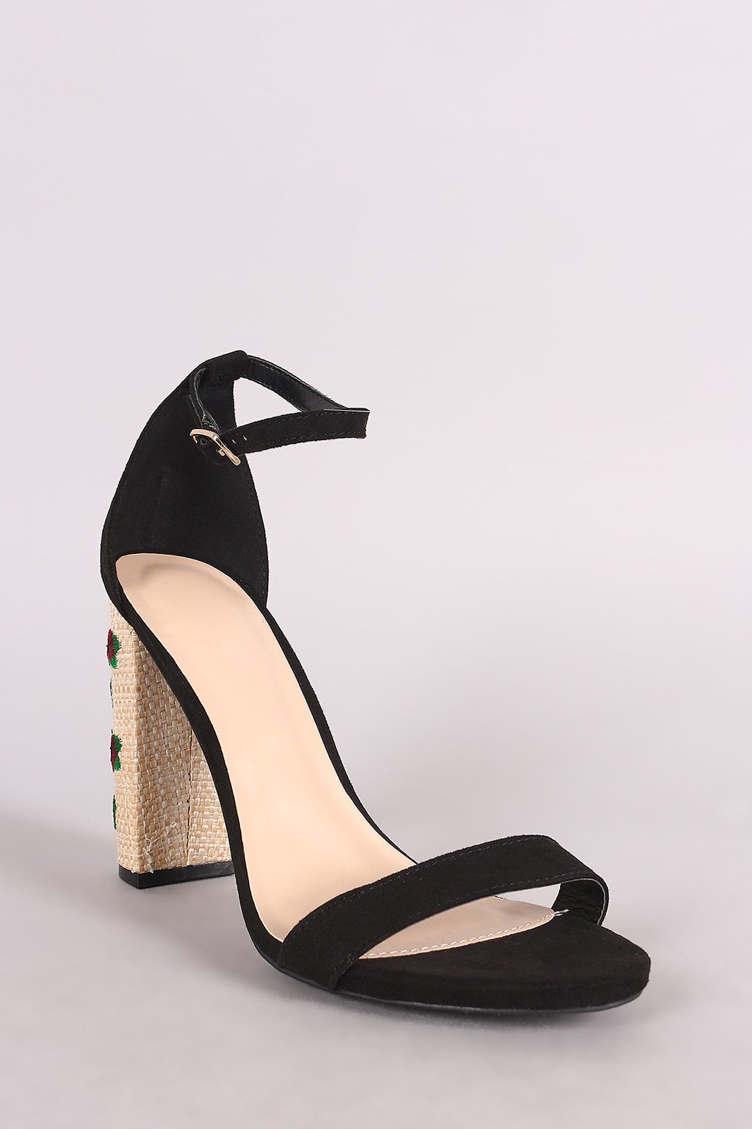 Wild Diva Lounge Open Toe Floral Embroidery Straw Chunky Heel