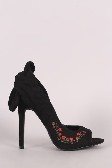 Wild Diva Lounge Embroidered Floral Knotted Suede Dorsay Pump