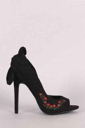 Wild Diva Lounge Embroidered Floral Knotted Suede Dorsay Pump
