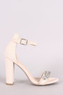 Wild Diva Lounge Suede Open Toe Rhinestone Accent Chunky Heel