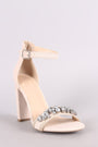 Wild Diva Lounge Suede Open Toe Rhinestone Accent Chunky Heel