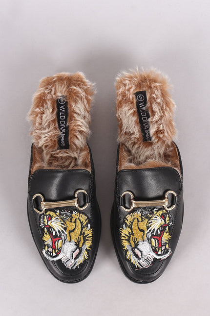 Wild Diva Lounge Embroidered Tiger Head Horsebit Mule Flat