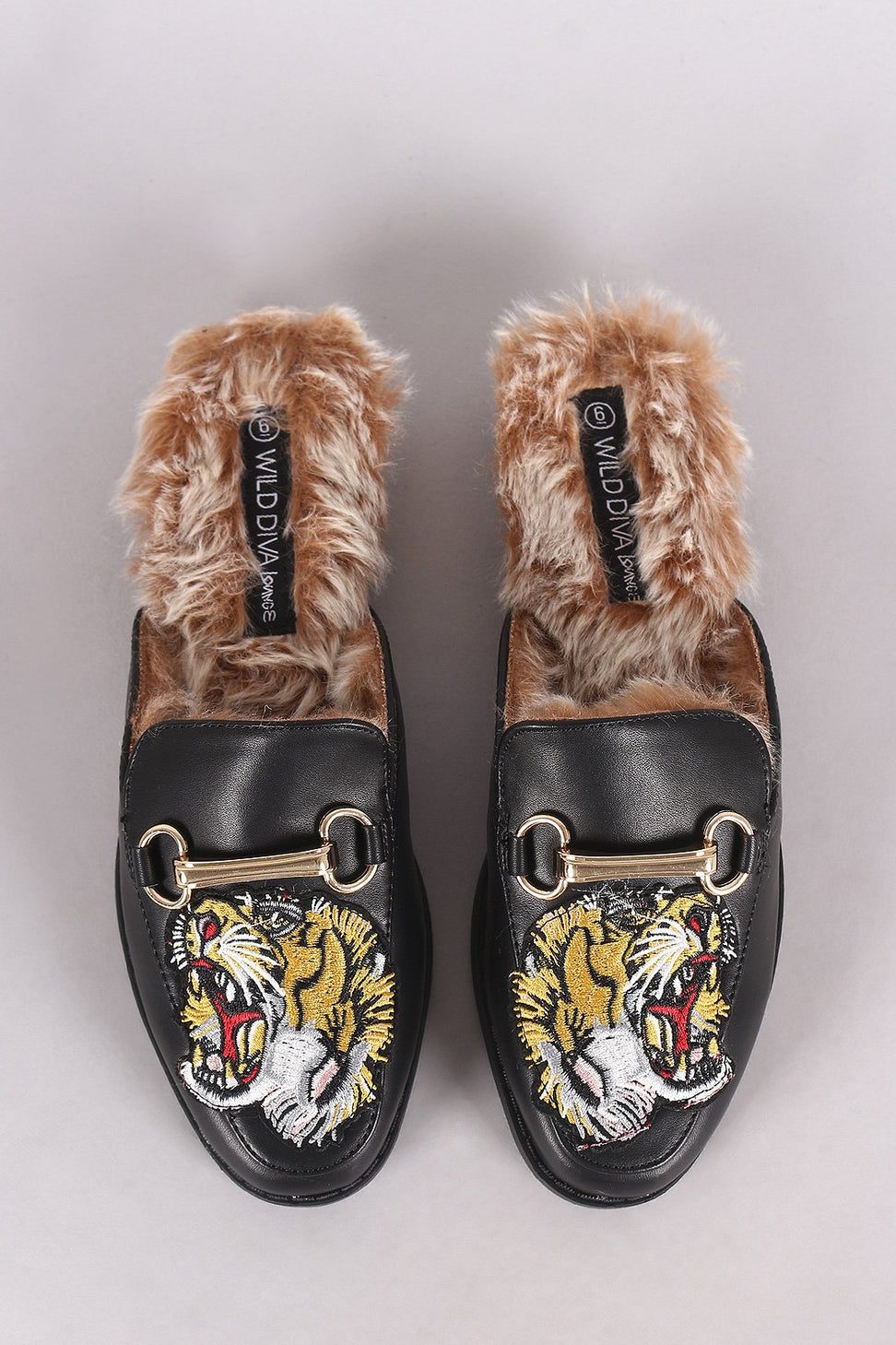Wild Diva Lounge Embroidered Tiger Head Horsebit Mule Flat