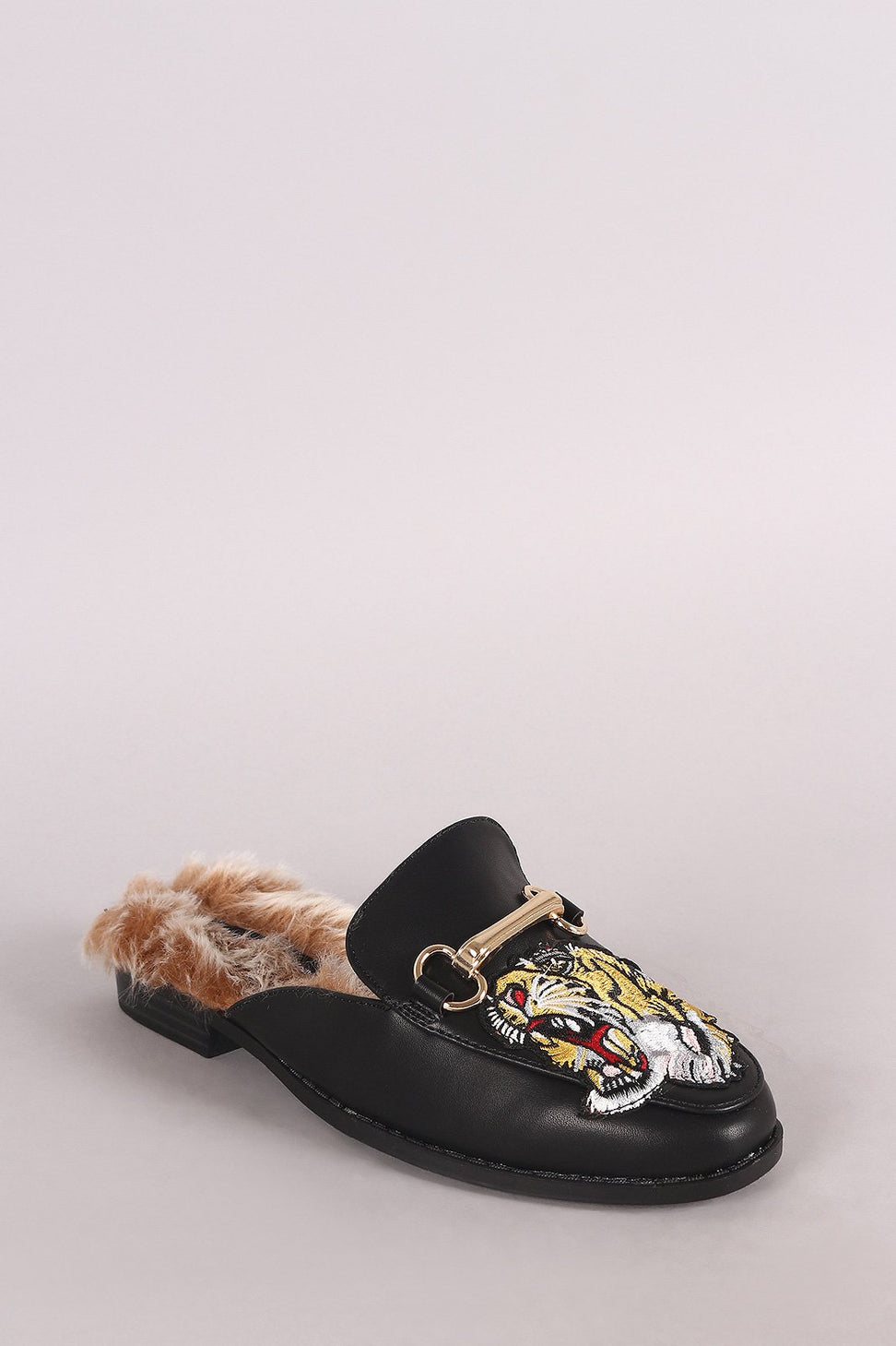 Wild Diva Lounge Embroidered Tiger Head Horsebit Mule Flat