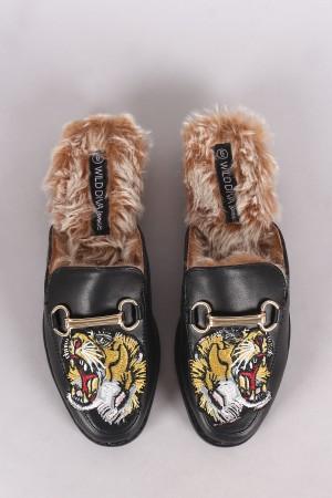 Wild Diva Lounge Embroidered Tiger Head Horsebit Mule Flat