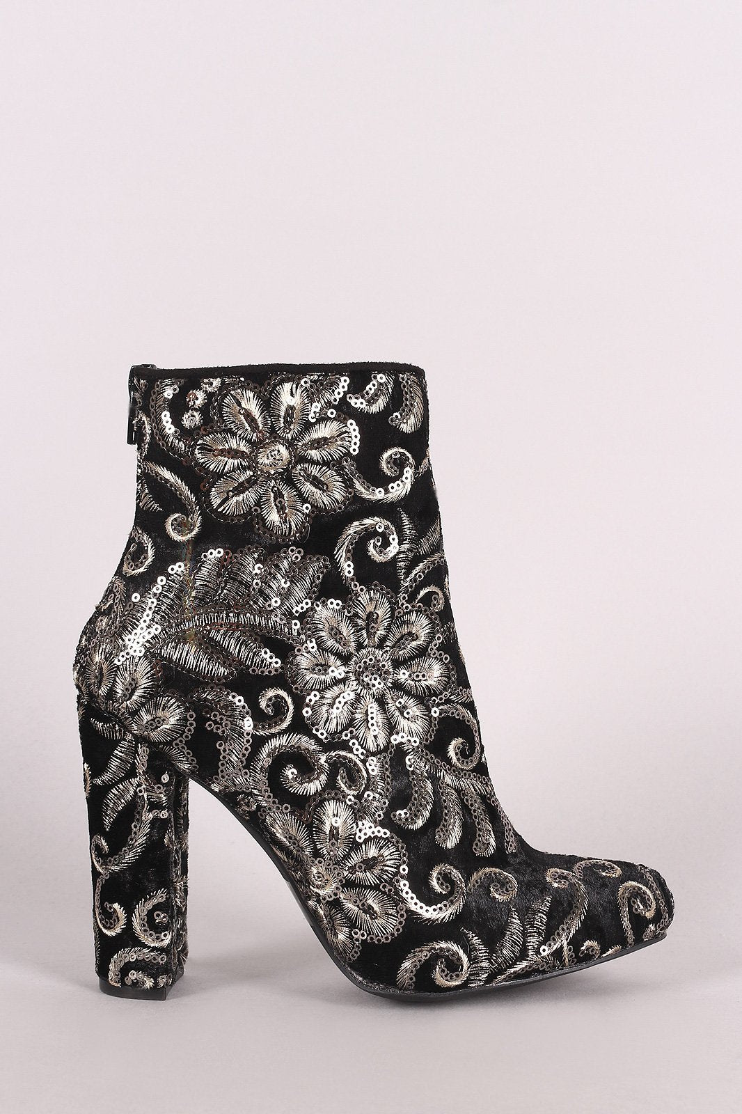 Wild Diva Lounge Filigree Embroidery Sequined Chunky Heeled Booties