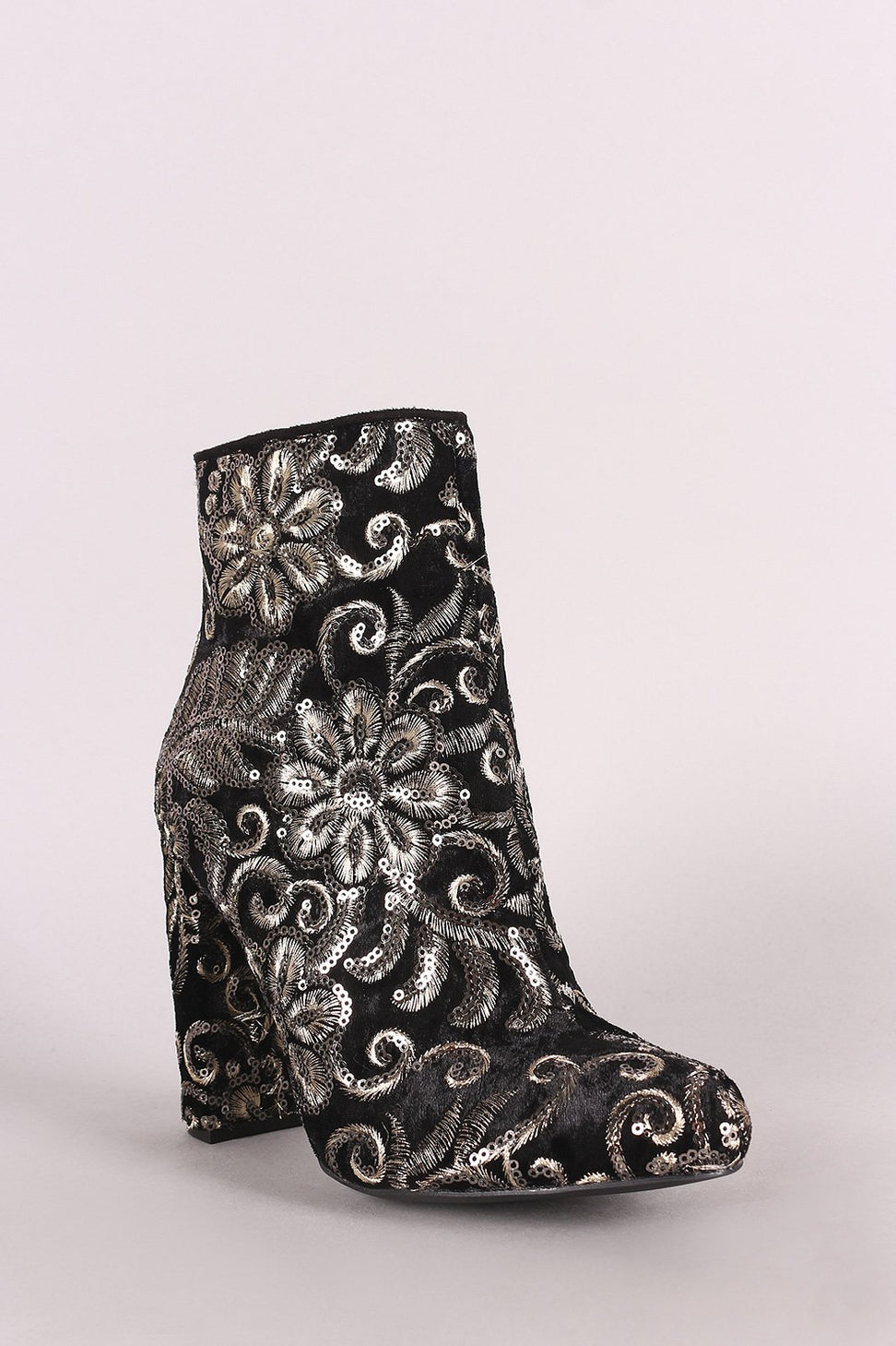 Wild Diva Lounge Filigree Embroidery Sequined Chunky Heeled Booties