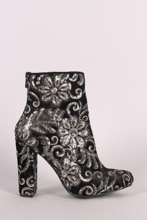Wild Diva Lounge Filigree Embroidery Sequined Chunky Heeled Booties