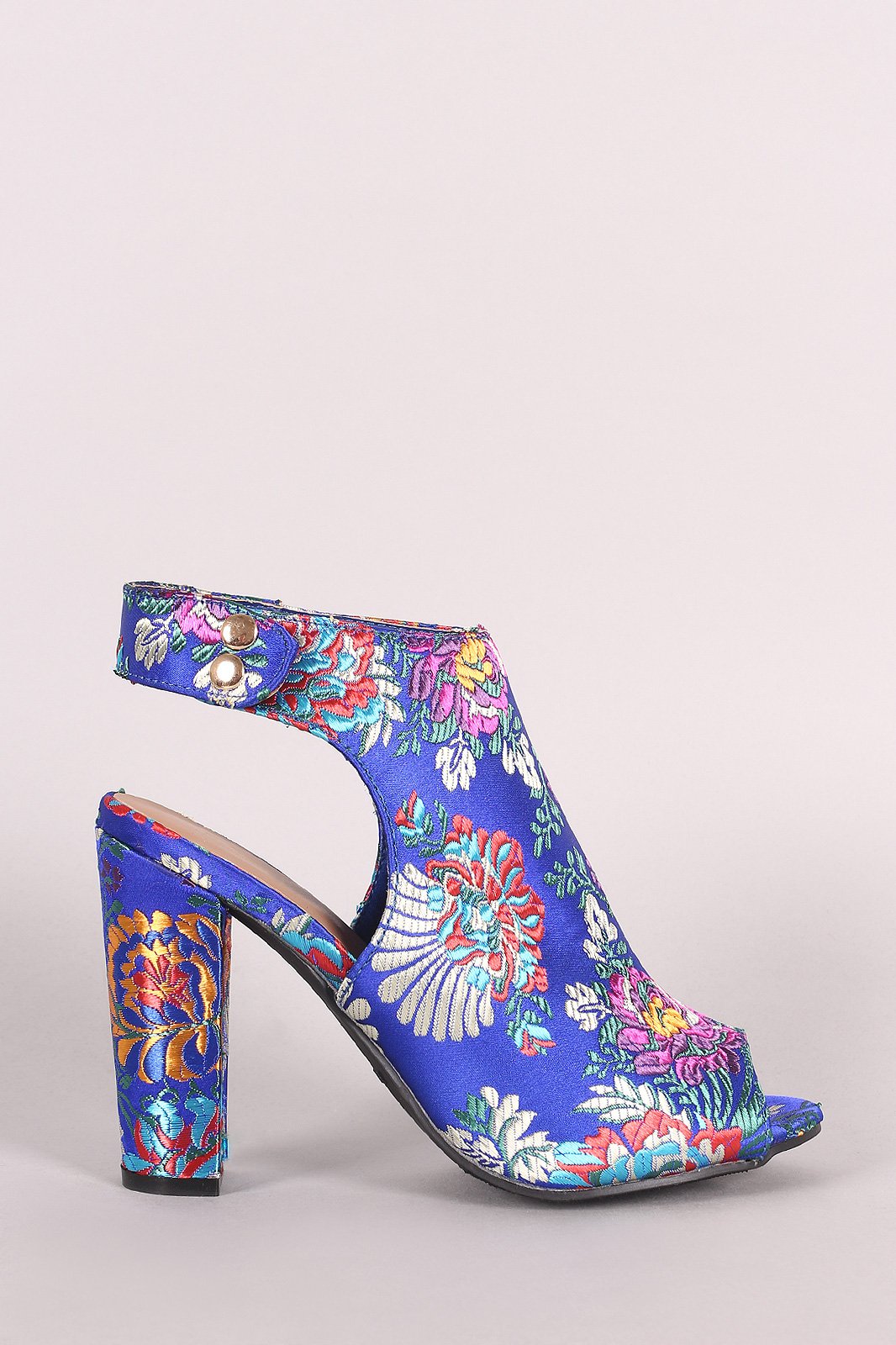 Bamboo Satin Floral Brocade Peep Toe Chunky Mule Booties