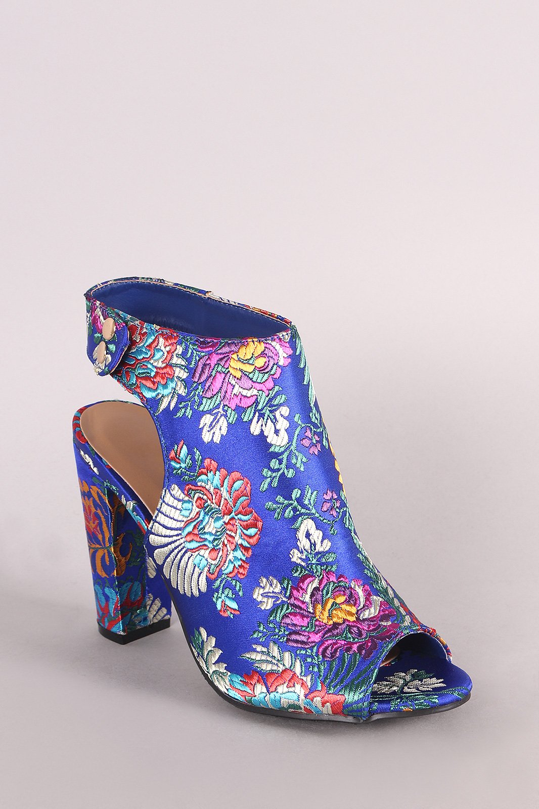 Bamboo Satin Floral Brocade Peep Toe Chunky Mule Booties