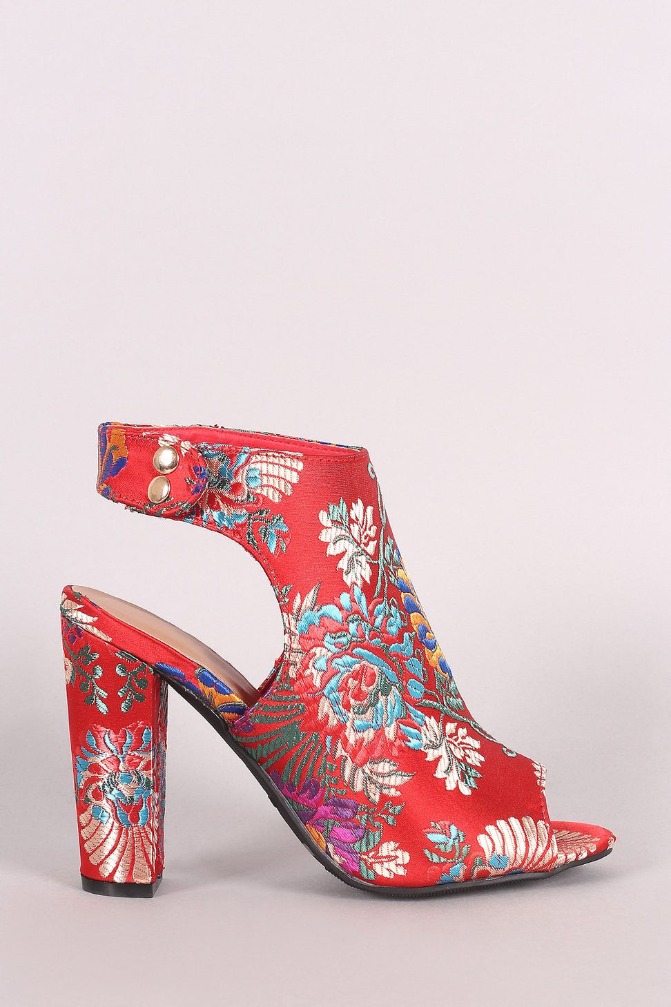 Bamboo Satin Floral Brocade Peep Toe Chunky Mule Booties