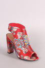 Bamboo Satin Floral Brocade Peep Toe Chunky Mule Booties