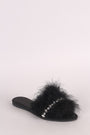 Bamboo Jewel Embellished Faux Feather Slide Sandal
