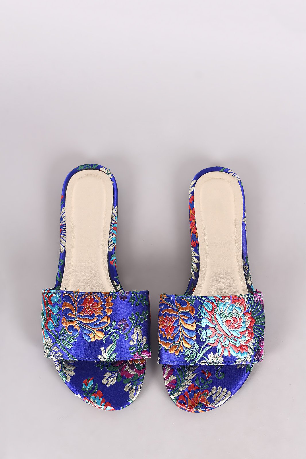 Bamboo Satin Floral Brocade Open Toe Slip-On Flat Sandal