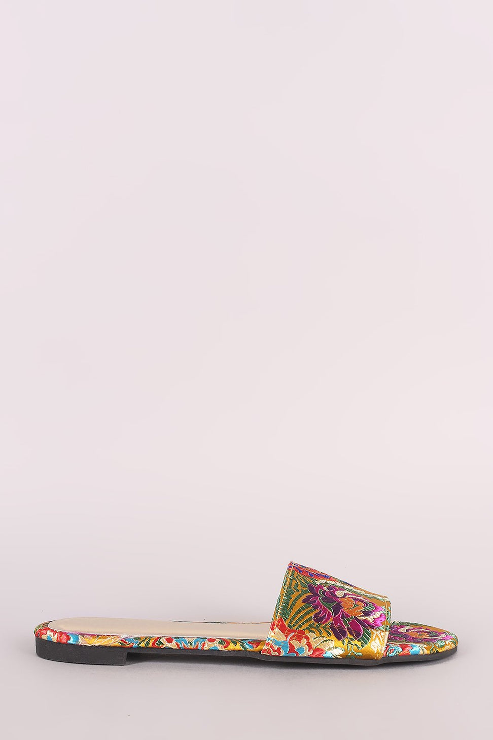 Bamboo Satin Floral Brocade Open Toe Slip-On Flat Sandal