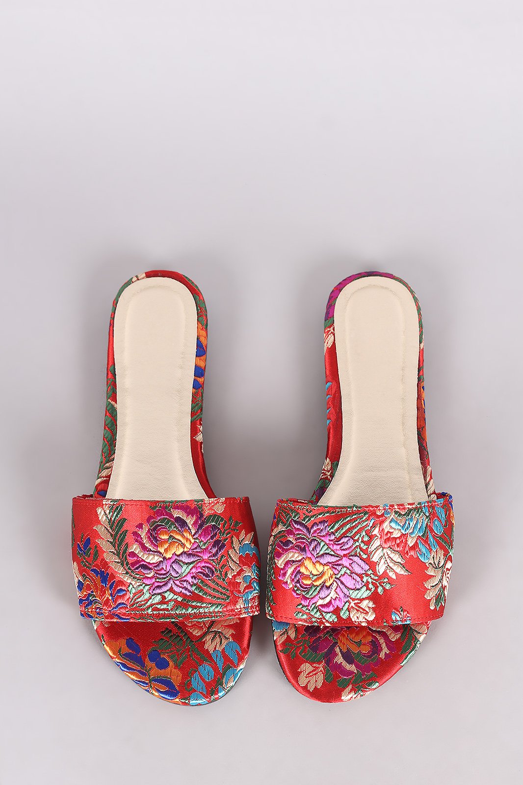 Bamboo Satin Floral Brocade Open Toe Slip-On Flat Sandal