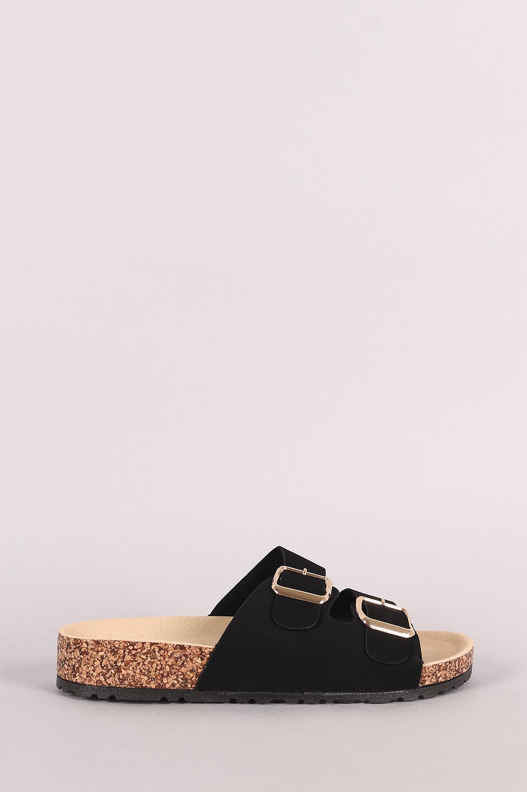 Bamboo Nubuck Open Toe Buckled Cork Footbed Slide Sandal