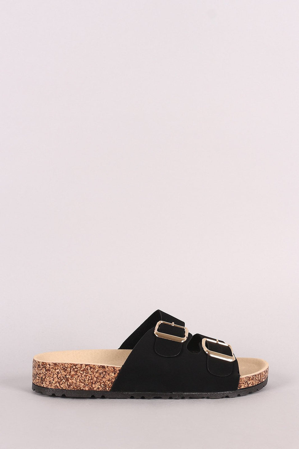 Bamboo Nubuck Open Toe Buckled Cork Footbed Slide Sandal