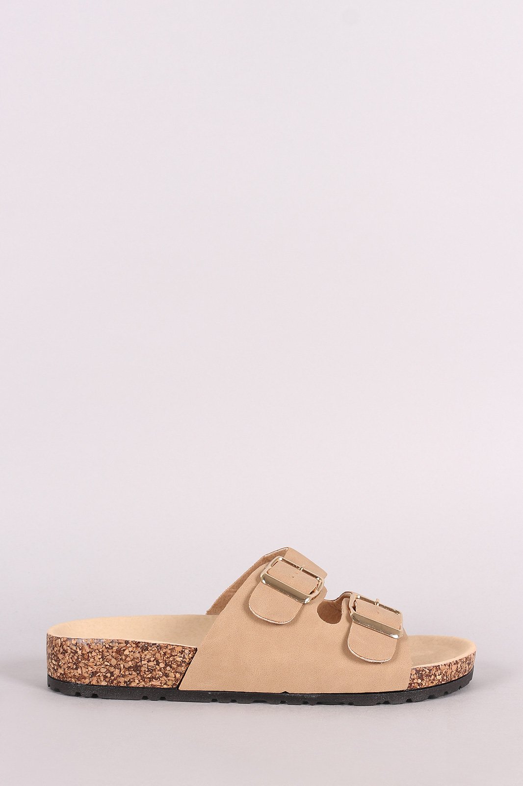 Bamboo Nubuck Open Toe Buckled Cork Footbed Slide Sandal