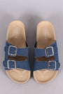 Bamboo Denim Open Toe Buckled Cork Footbed Slide Sandal