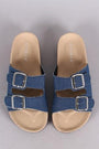 Bamboo Denim Open Toe Buckled Cork Footbed Slide Sandal
