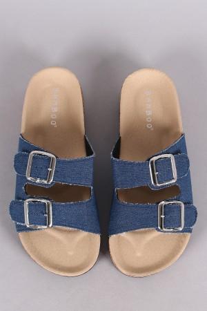 Bamboo Denim Open Toe Buckled Cork Footbed Slide Sandal
