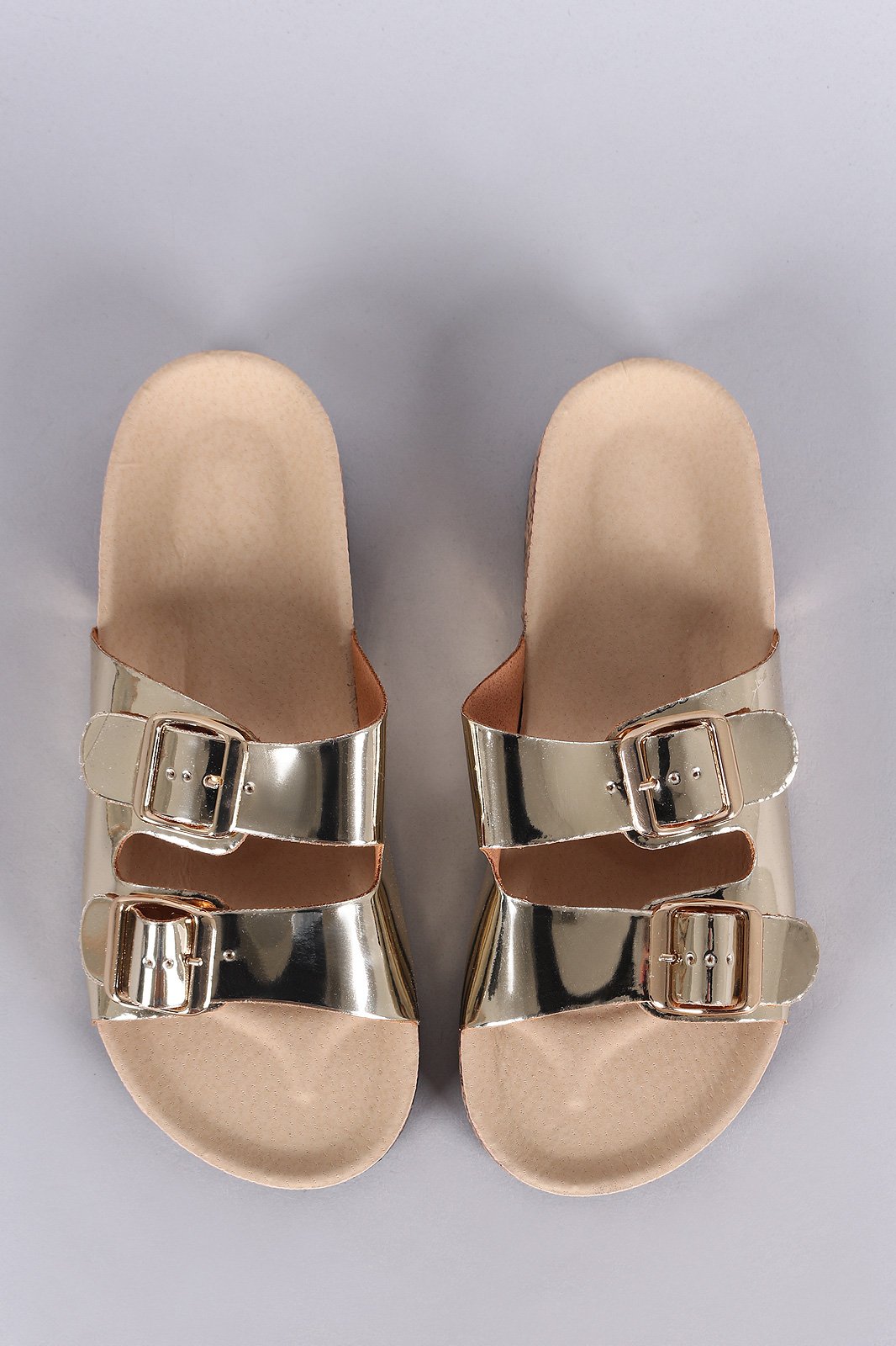 Bamboo Metallic Patent Open Toe Buckled Cork Slide Sandal