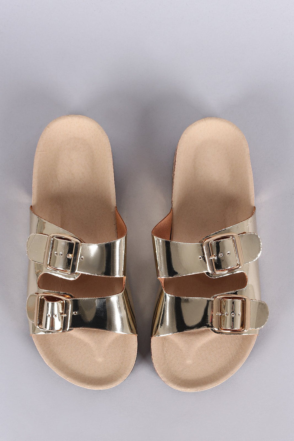 Bamboo Metallic Patent Open Toe Buckled Cork Slide Sandal