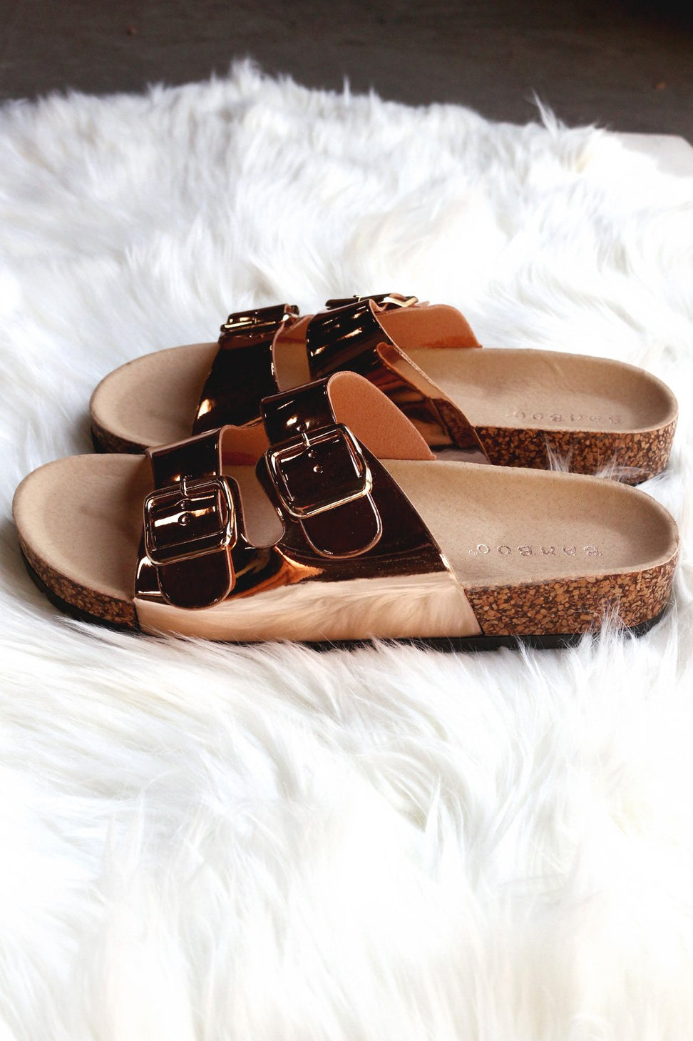 Bamboo Metallic Patent Open Toe Buckled Cork Slide Sandal