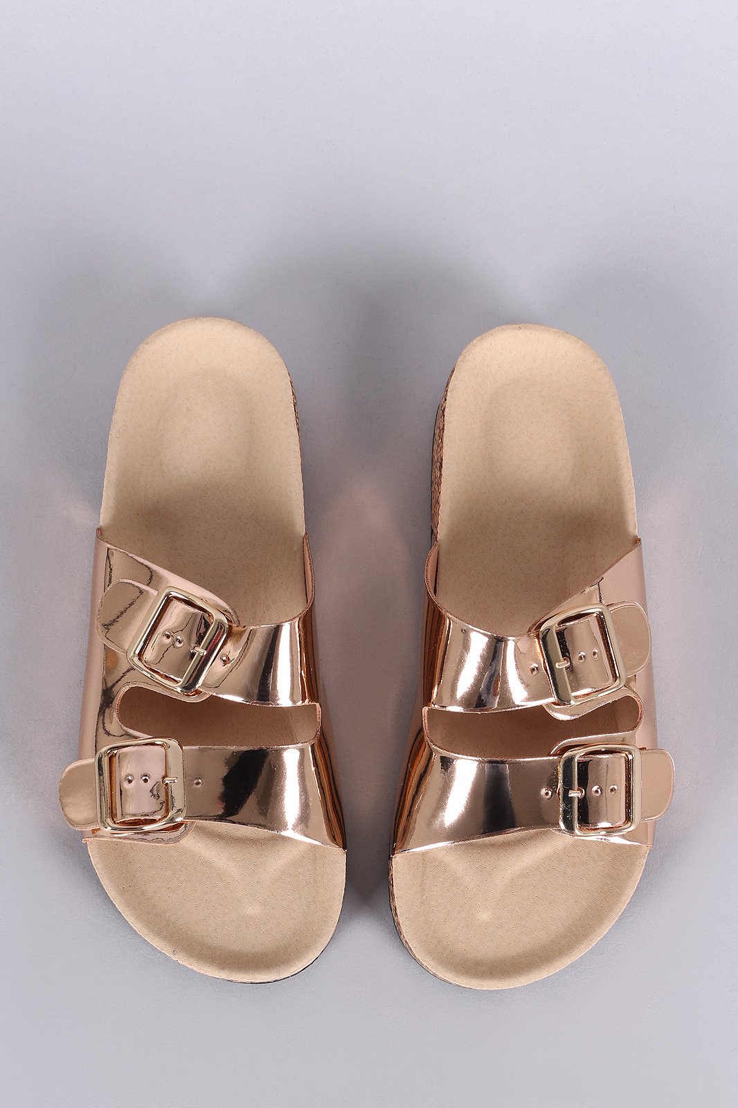 Bamboo Metallic Patent Open Toe Buckled Cork Slide Sandal