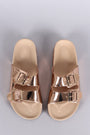 Bamboo Metallic Patent Open Toe Buckled Cork Slide Sandal