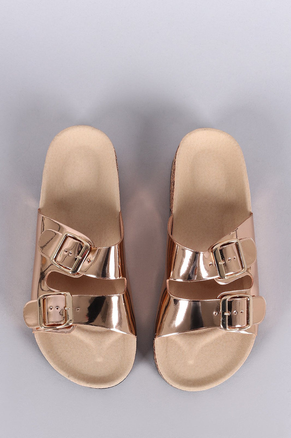 Bamboo Metallic Patent Open Toe Buckled Cork Slide Sandal