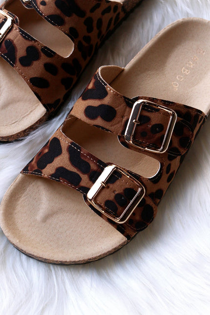 Bamboo Suede Leopard Open Toe Buckled Cork Slide Sandal