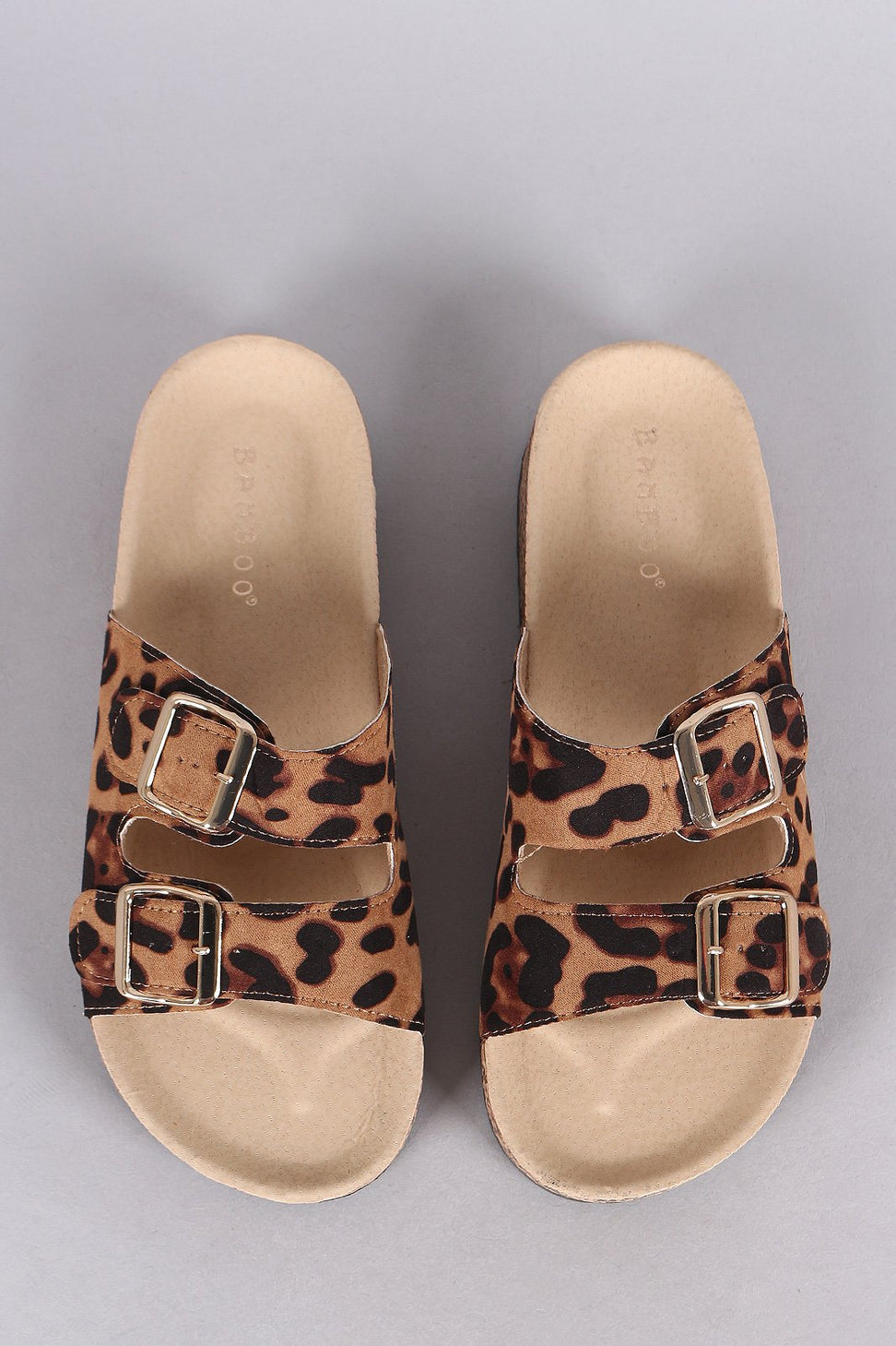Bamboo Suede Leopard Open Toe Buckled Cork Slide Sandal
