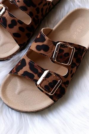 Bamboo Suede Leopard Open Toe Buckled Cork Slide Sandal