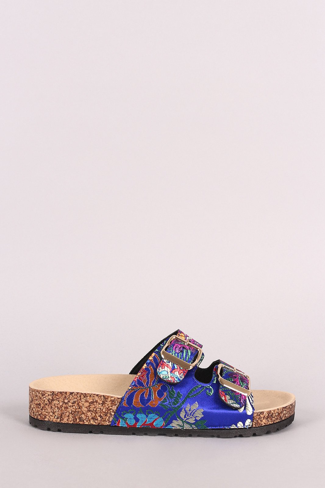 Bamboo Satin Floral Brocade Buckled Cork Slide Sandal