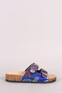 Bamboo Satin Floral Brocade Buckled Cork Slide Sandal
