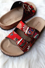 Bamboo Satin Floral Brocade Buckled Cork Slide Sandal