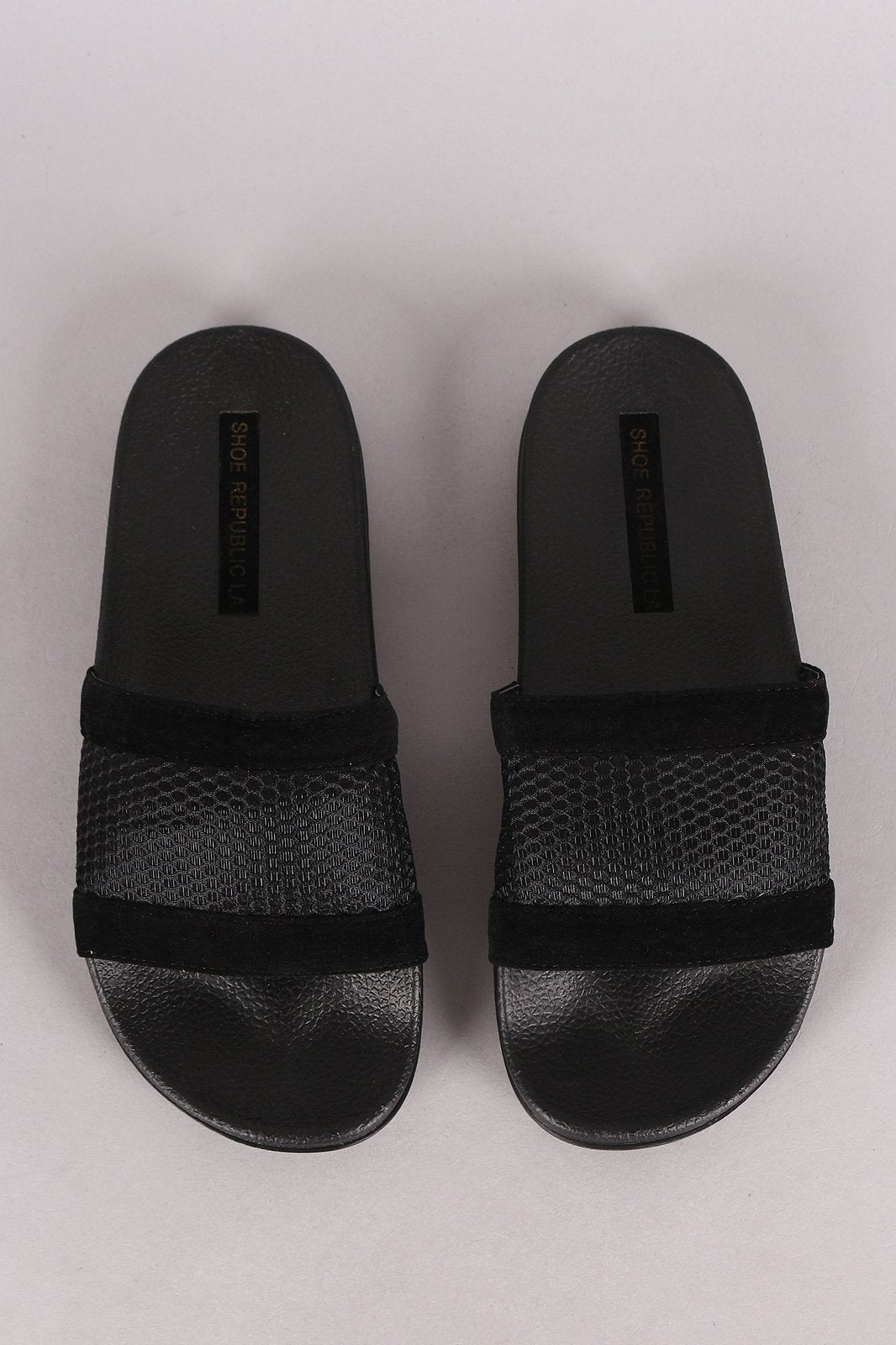 Shoe Republic LA Velvet Fishnet Mesh Open Toe Slide Sandal