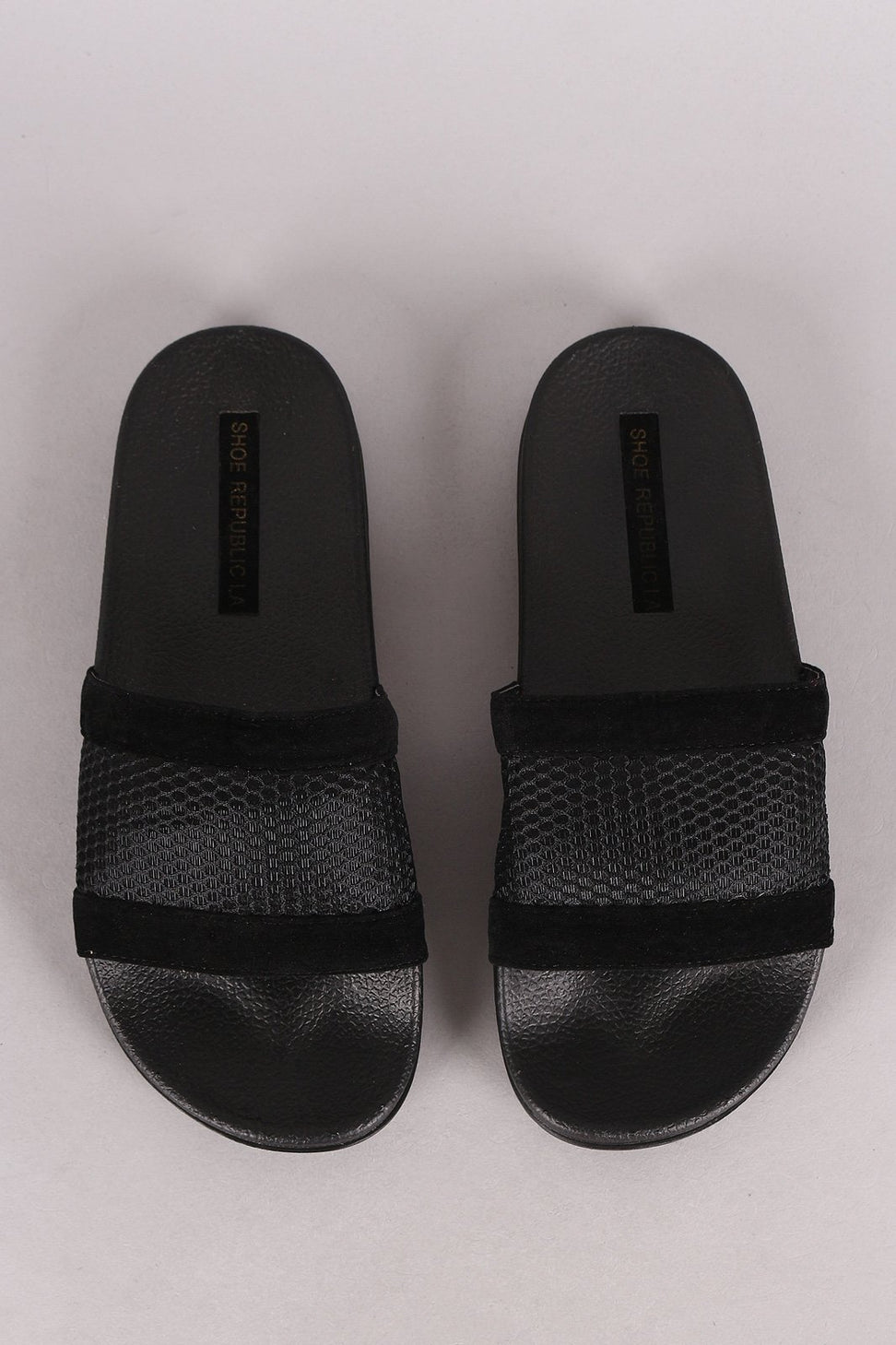 Shoe Republic LA Velvet Fishnet Mesh Open Toe Slide Sandal