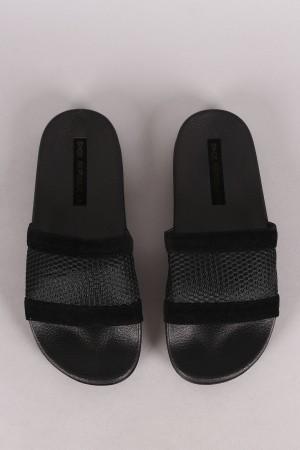 Shoe Republic LA Velvet Fishnet Mesh Open Toe Slide Sandal